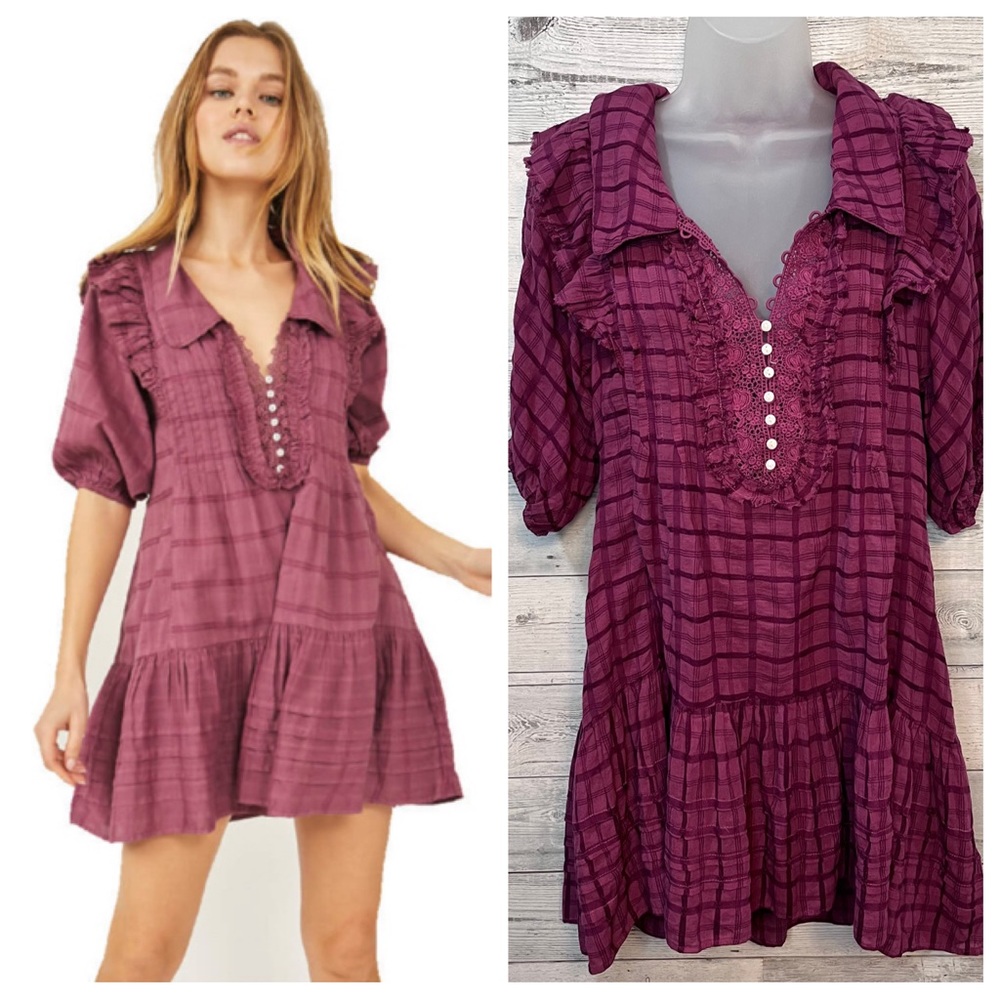 Free People Elora Burgundy Oversize Mini Dress Puff Sleeves Ruffles NWOT Size XS
